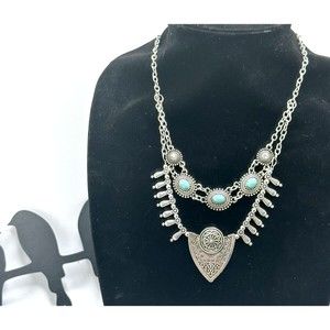Silver T. 2 Strand Tiered Necklace Southwestern faux Turquoise  19"- 21"
